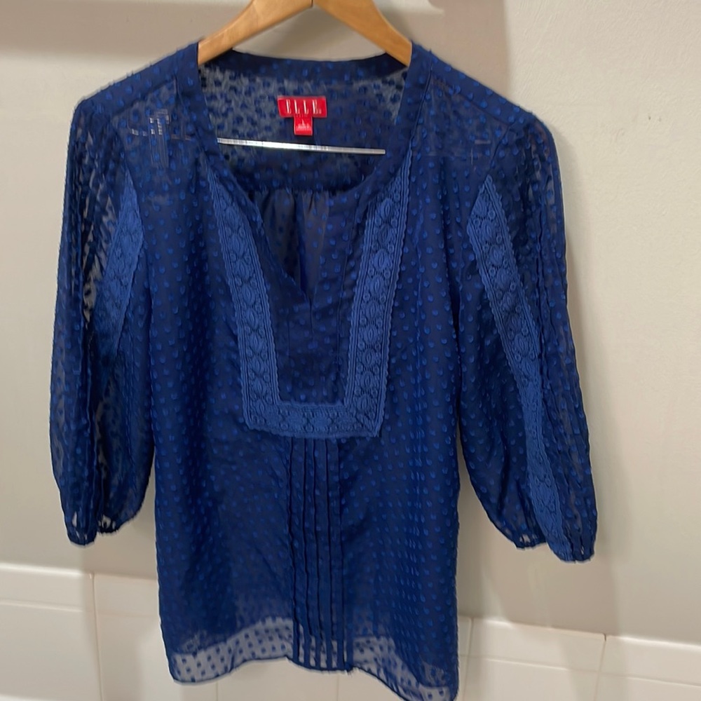 Elle Sheer Long Sleeve Dot To Dot Embroidered Peasant Blouse Sz L EUC